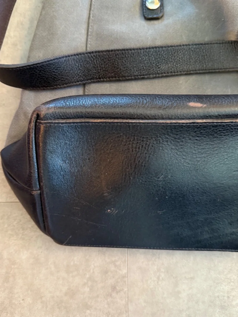 Ernest Alexander Varick gray twill canvas briefcase, dark brown leather